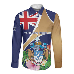 Personalized Tristan da Cunha Long Sleeve Button Shirt Coat Of Arms Tropical Flowers
