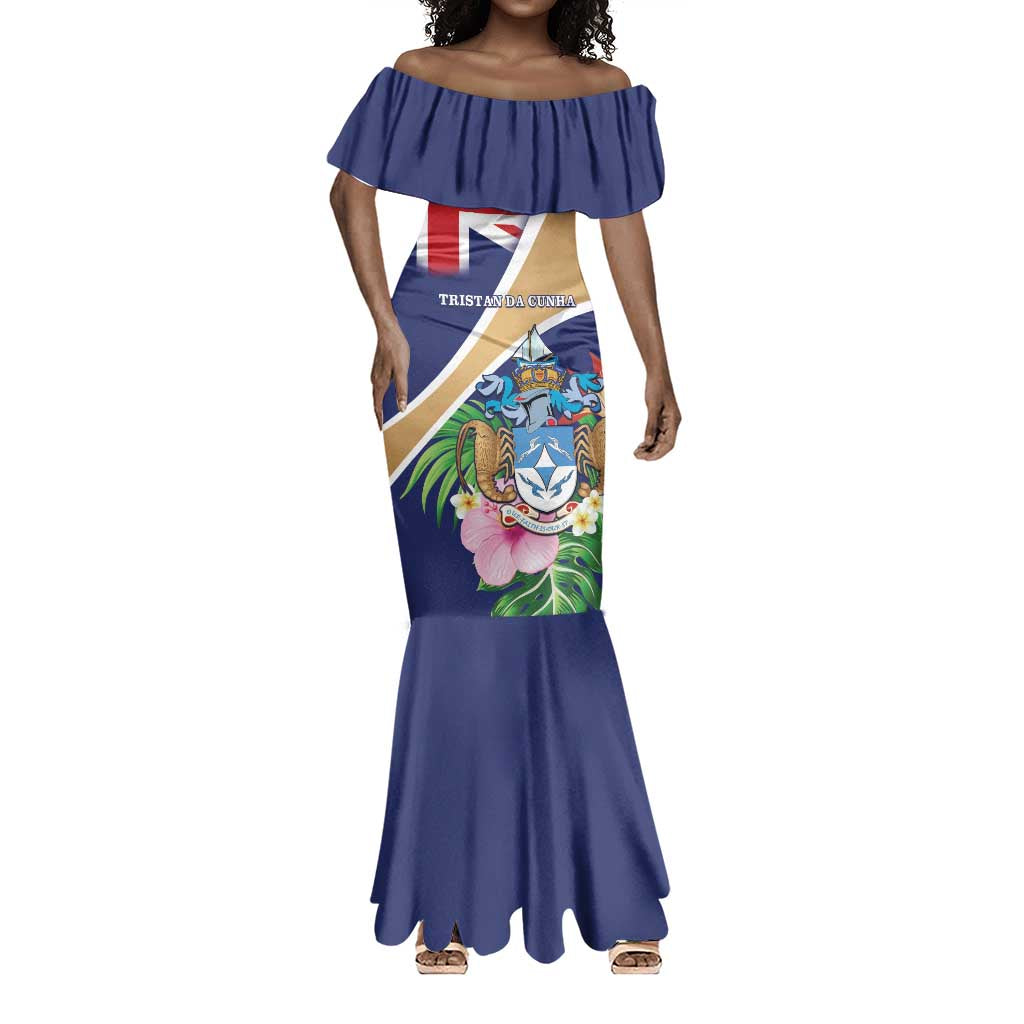 Personalized Tristan da Cunha Mermaid Dress Coat Of Arms Tropical Flowers