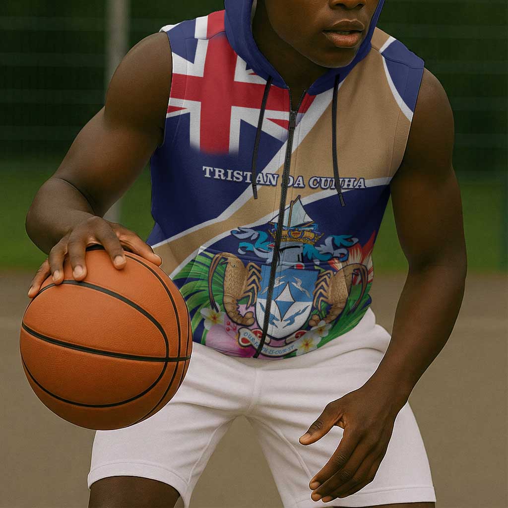 Personalized Tristan da Cunha Sleeveless Zip Hoodie Coat Of Arms Tropical Flowers - African Pride