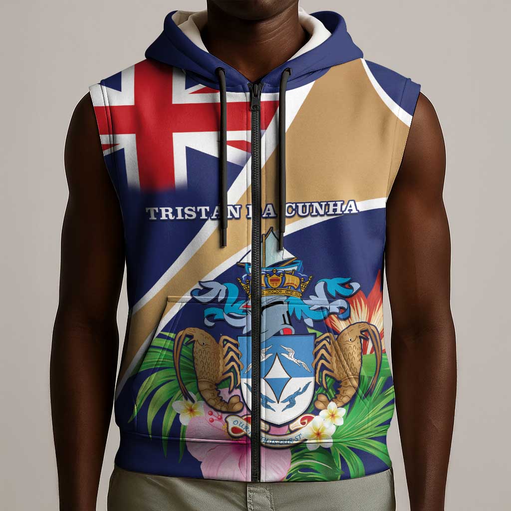 Personalized Tristan da Cunha Sleeveless Zip Hoodie Coat Of Arms Tropical Flowers - African Pride