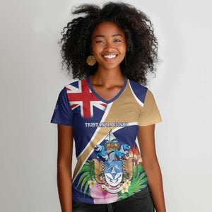 Personalized Tristan da Cunha Women V-Neck T-Shirt Coat Of Arms Tropical Flowers