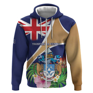 Personalized Tristan da Cunha Zip Hoodie Coat Of Arms Tropical Flowers