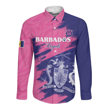 Barbados Royals Cricket Custom Long Sleeve Button Shirt Coat Of Arms Pink - Blue Color - African Pride