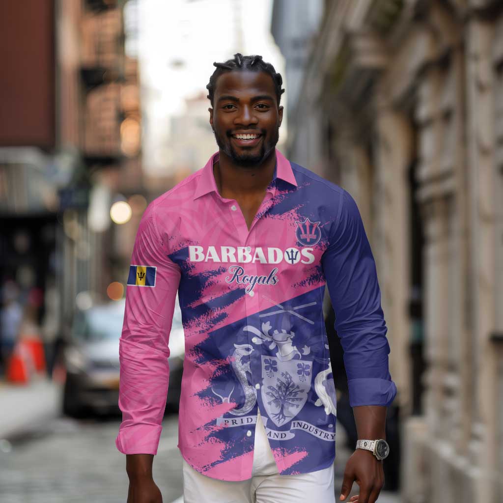 Barbados Royals Cricket Custom Long Sleeve Button Shirt Coat Of Arms Pink - Blue Color - African Pride