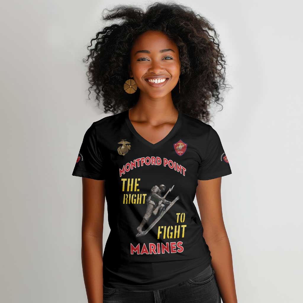 African American Heroes Women V-Neck T-Shirt Montford Point Marines - Black - African Pride