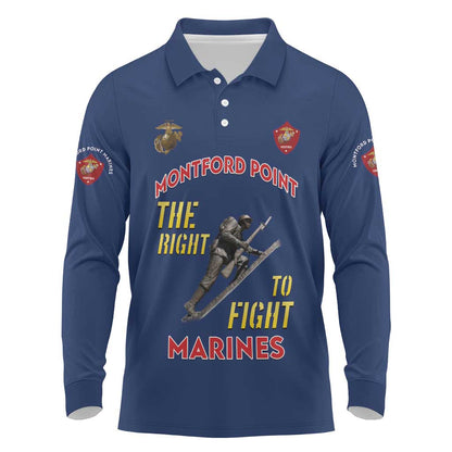 African American Heroes Long Sleeve Polo Shirt Montford Point Marines - Blue - African Pride