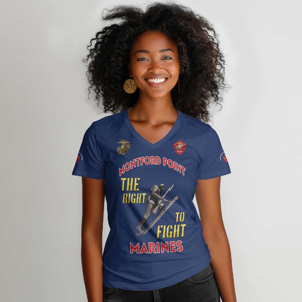 African American Heroes Women V-Neck T-Shirt Montford Point Marines - Blue - African Pride