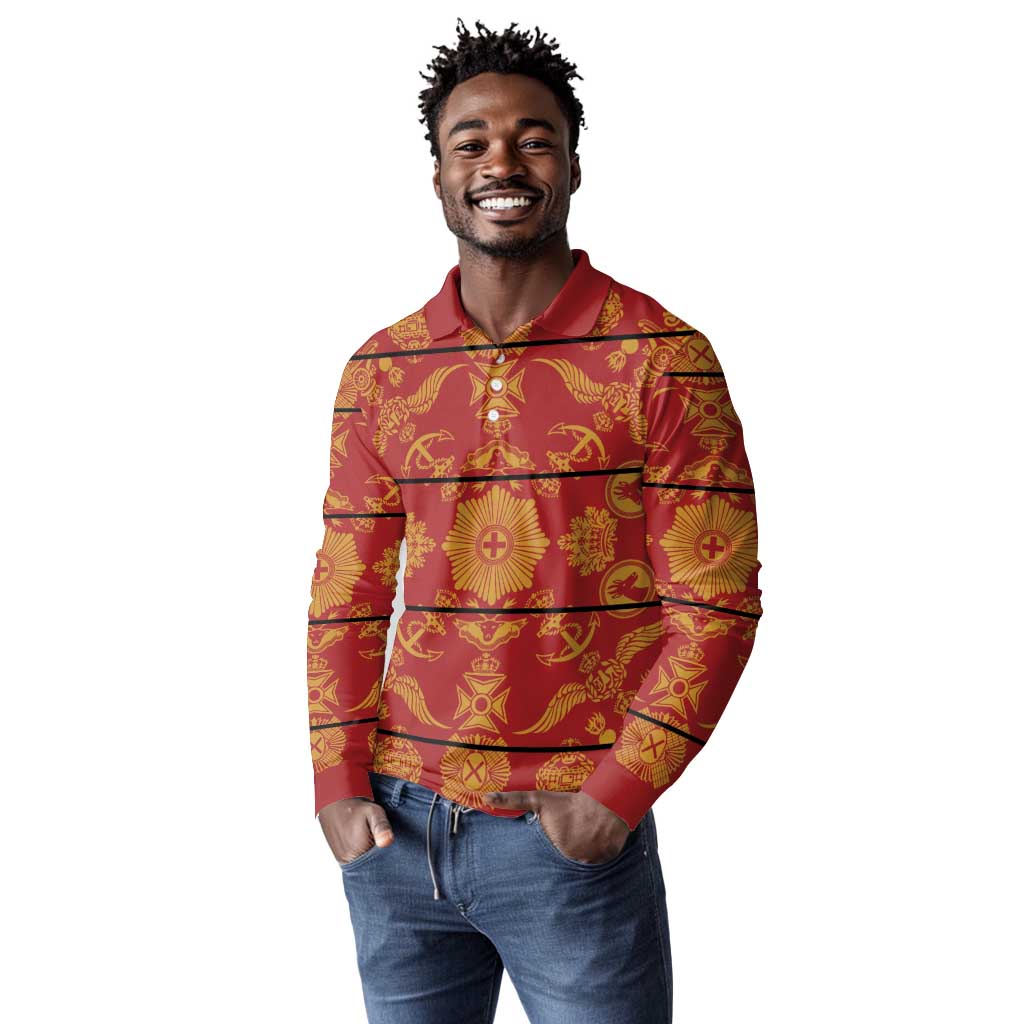 Basotho Blanket Long Sleeve Polo Shirt Lesotho Seanamarena Kharetsa Royal Red - African Pride
