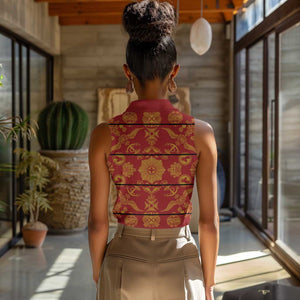 Basotho Blanket Women Sleeveless Polo Shirt Lesotho Seanamarena Kharetsa Royal Red - African Pride