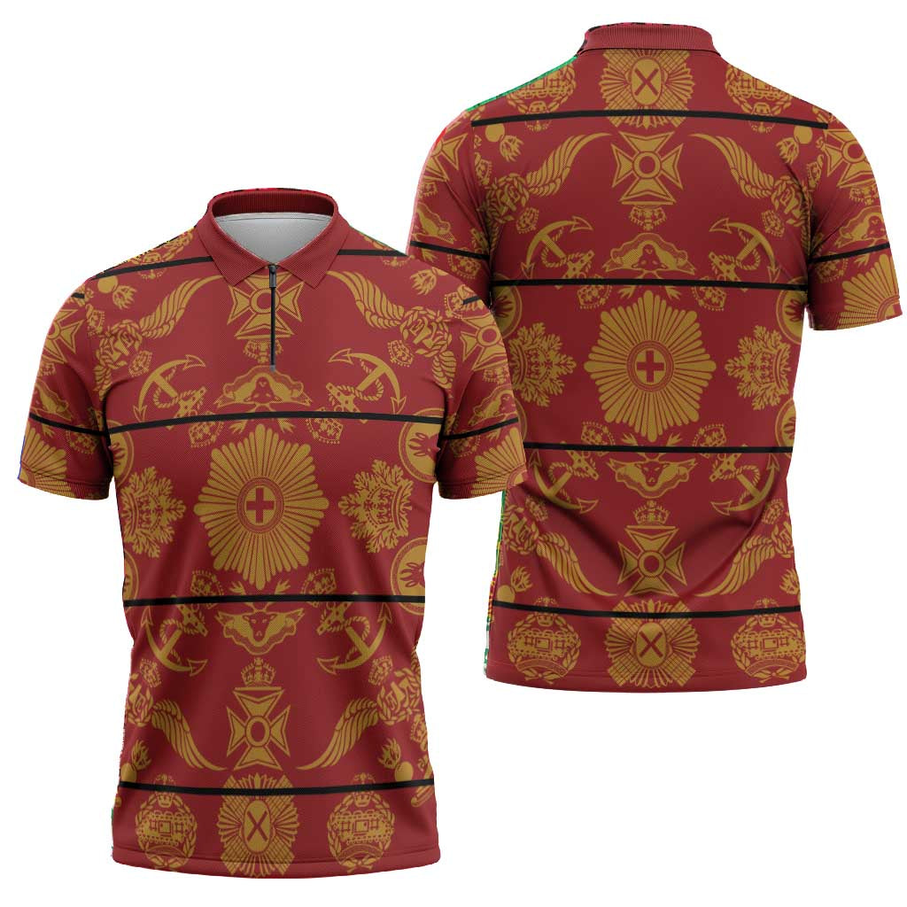 Lesotho Seanamarena Kharetsa Royal Red Zipper Polo Shirt Basotho Traditional Blanket Style