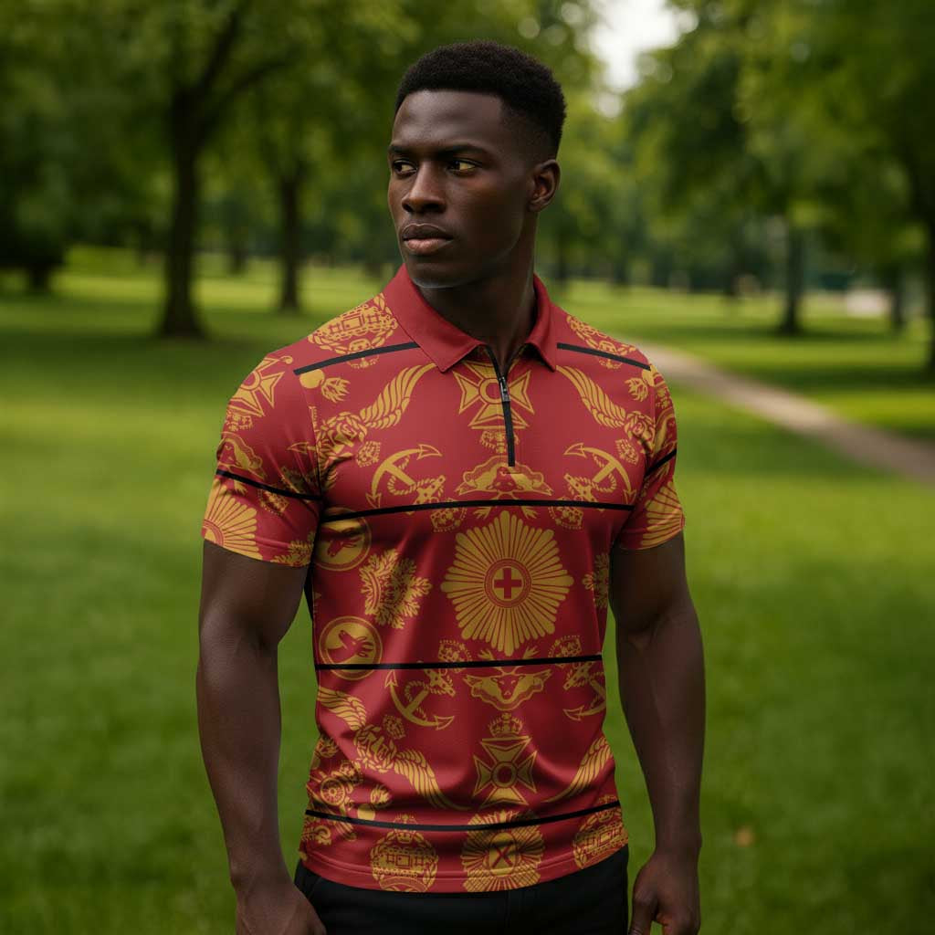 Lesotho Seanamarena Kharetsa Royal Red Zipper Polo Shirt Basotho Traditional Blanket Style