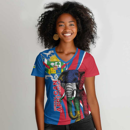 Personalised Central African Republic Elephant Women V-Neck T-Shirt Coat Of Arms With Map