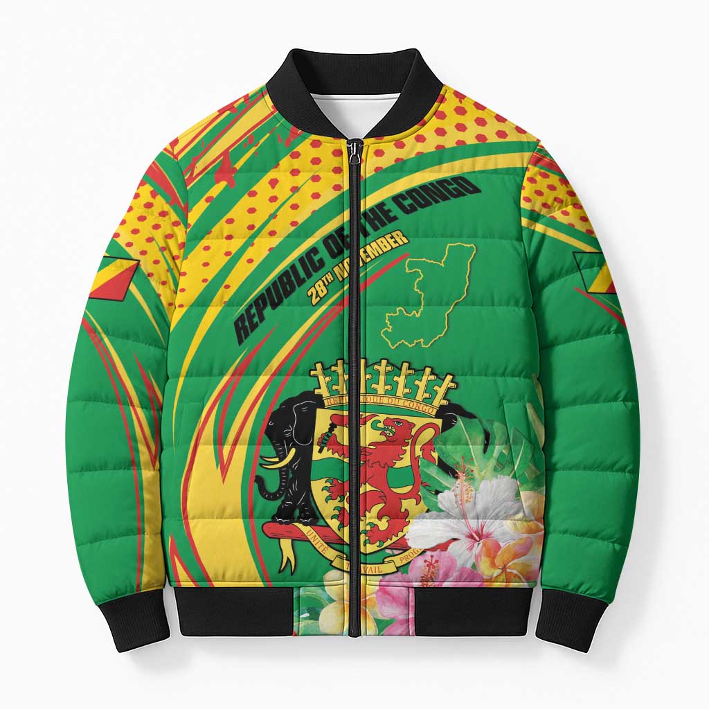 Personalized Congo Republic Day Bomber Puffer Jacket Coat Of Arms With Tropical Flower