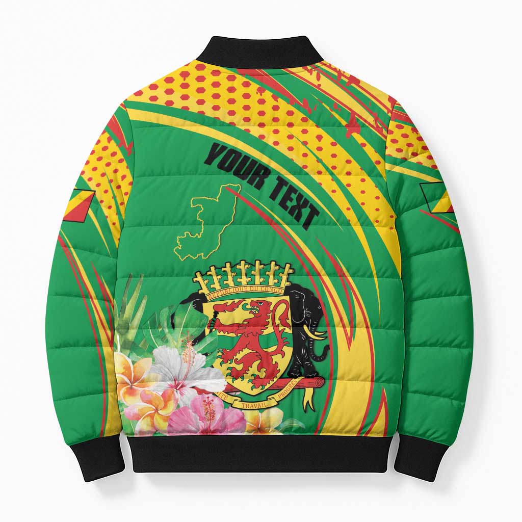 Personalized Congo Republic Day Bomber Puffer Jacket Coat Of Arms With Tropical Flower