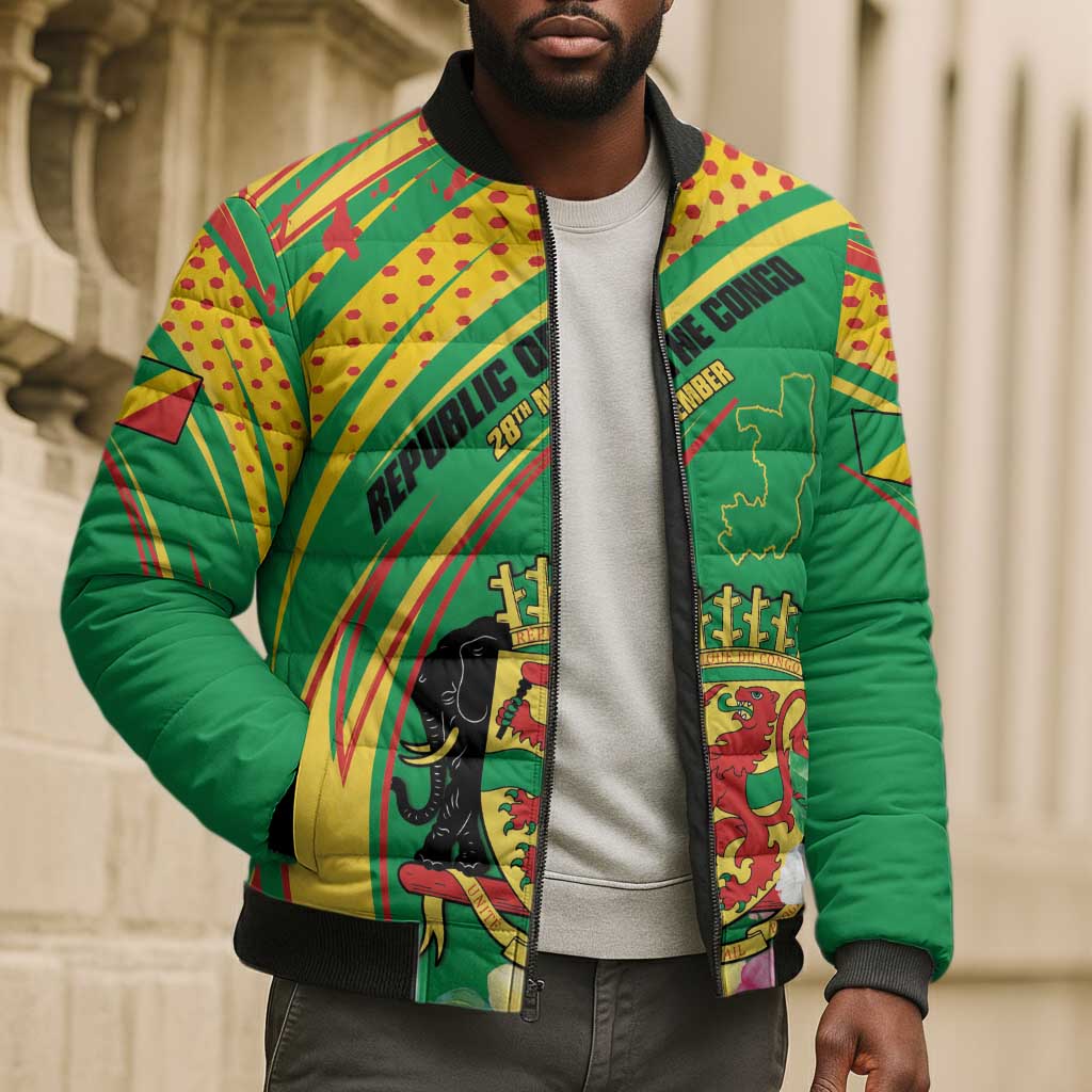Personalized Congo Republic Day Bomber Puffer Jacket Coat Of Arms With Tropical Flower