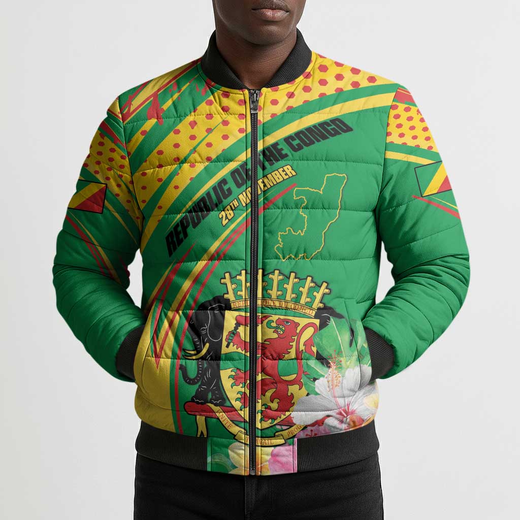 Personalized Congo Republic Day Bomber Puffer Jacket Coat Of Arms With Tropical Flower