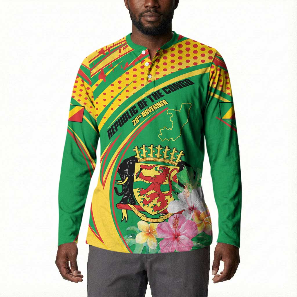 Personalized Congo Republic Day Button Sweatshirt Coat Of Arms With Tropical Flower