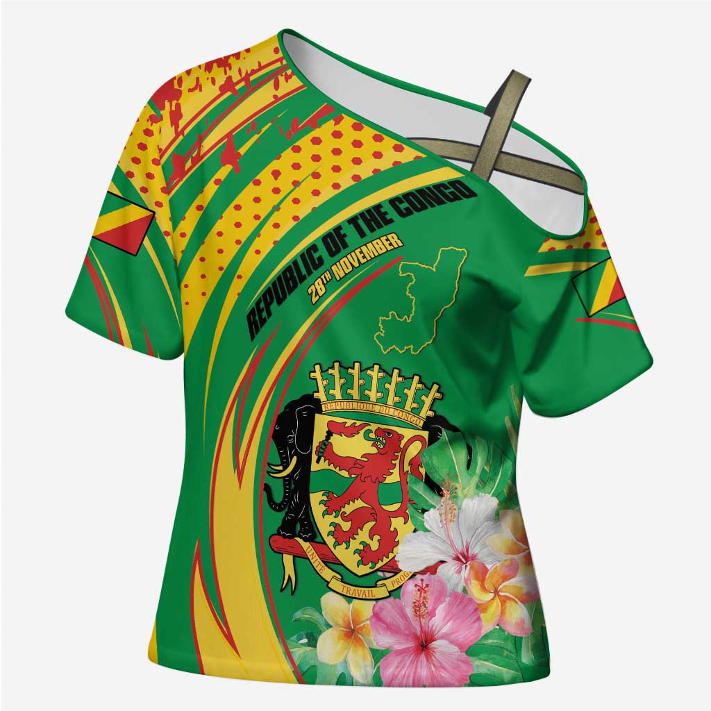 Personalized Congo Republic Day Cross Shoulder Shirt Coat Of Arms With Tropical Flower