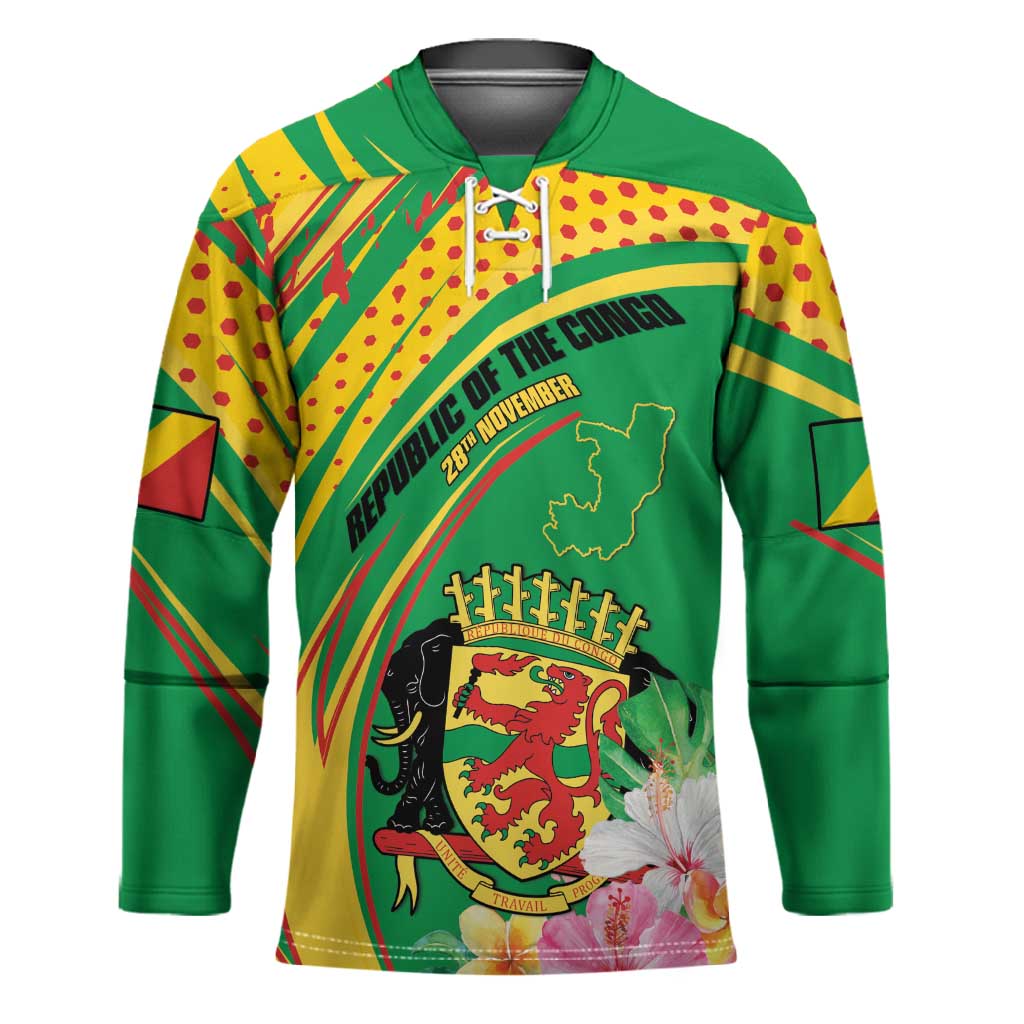 Personalized Congo Republic Day Hockey Jersey Coat Of Arms With Tropical Flower