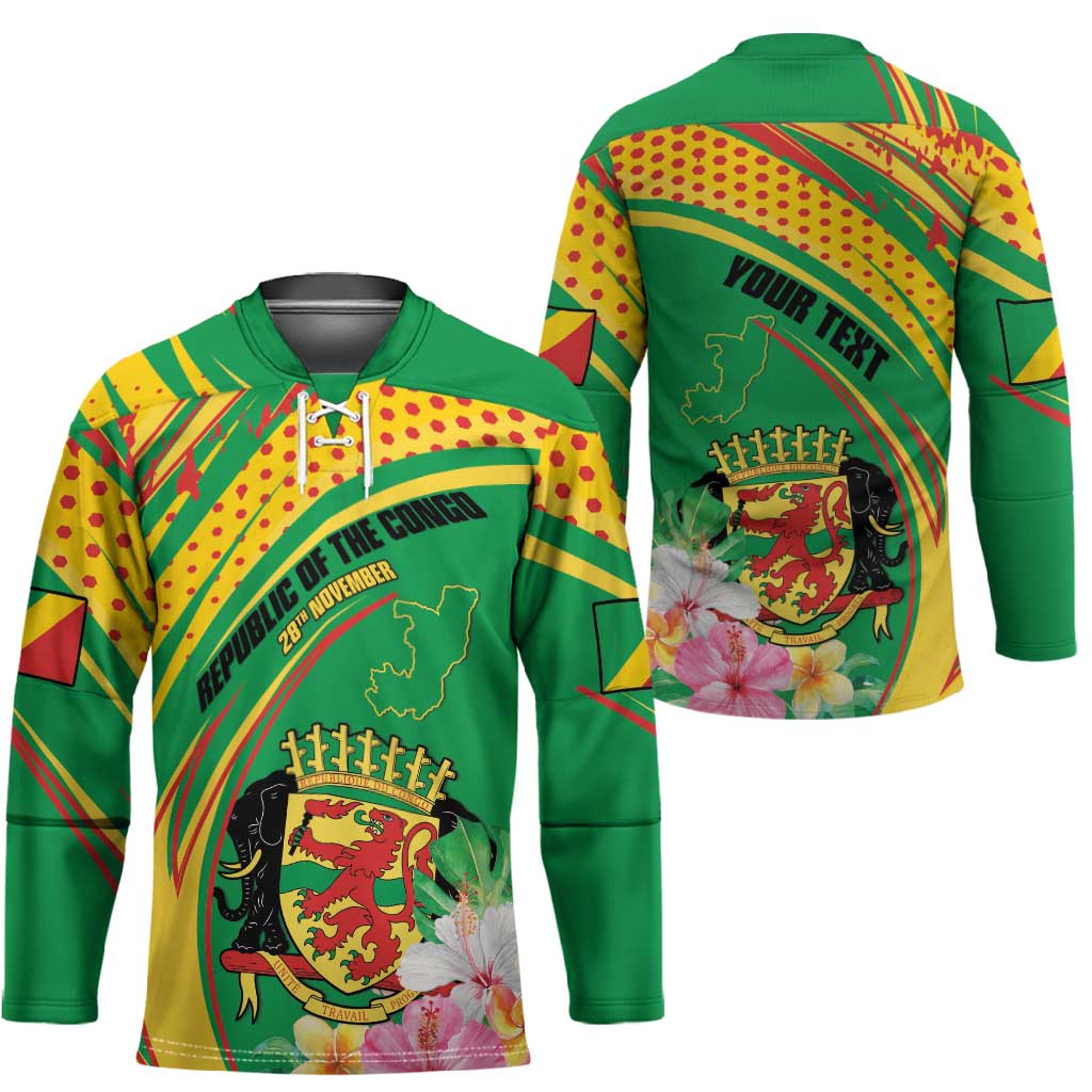 Personalized Congo Republic Day Hockey Jersey Coat Of Arms With Tropical Flower