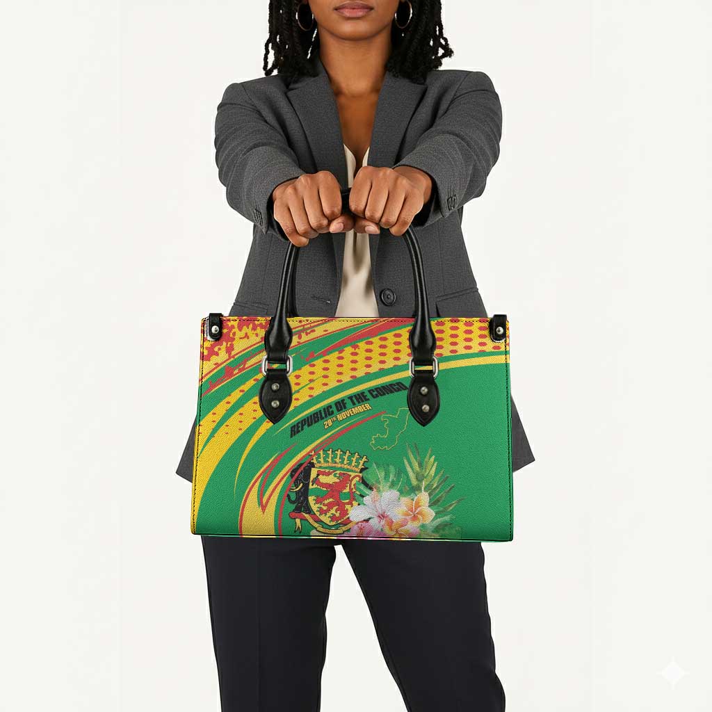 Congo Republic Day Leather Bag Coat Of Arms With Tropical Flower