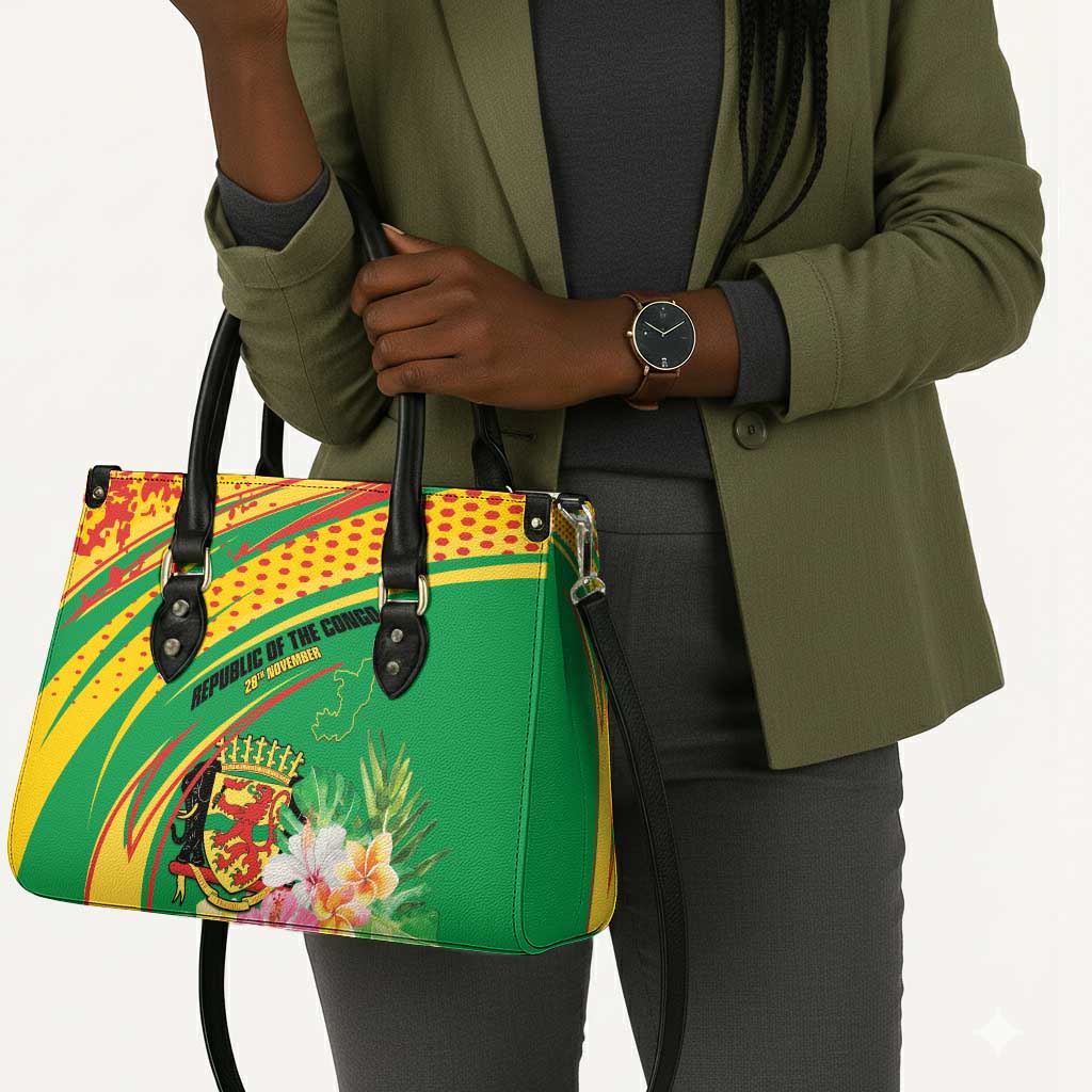 Congo Republic Day Leather Bag Coat Of Arms With Tropical Flower