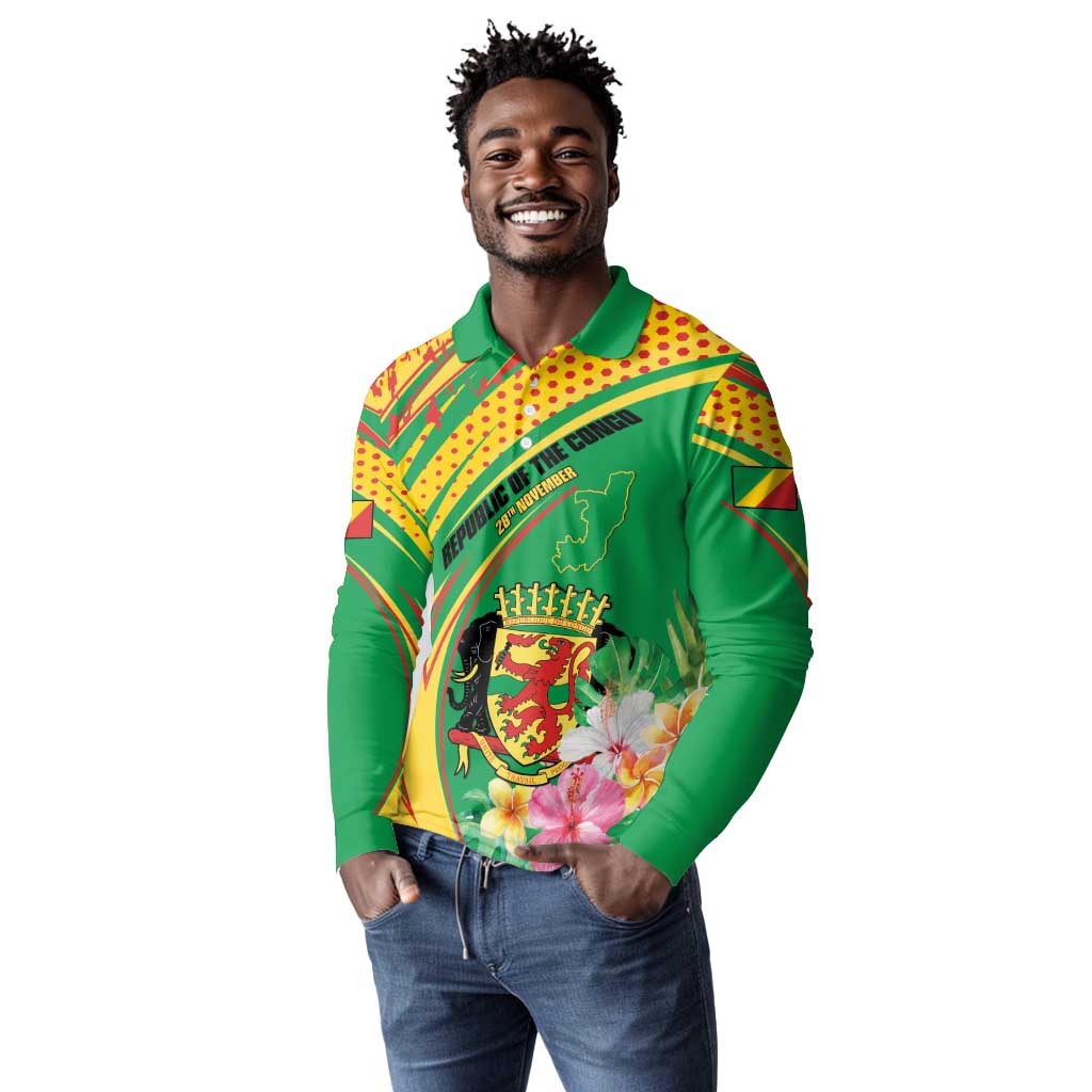 Personalized République du Congo Long Sleeve Polo Shirt Happy Republic Day - Grunge Style - African Pride