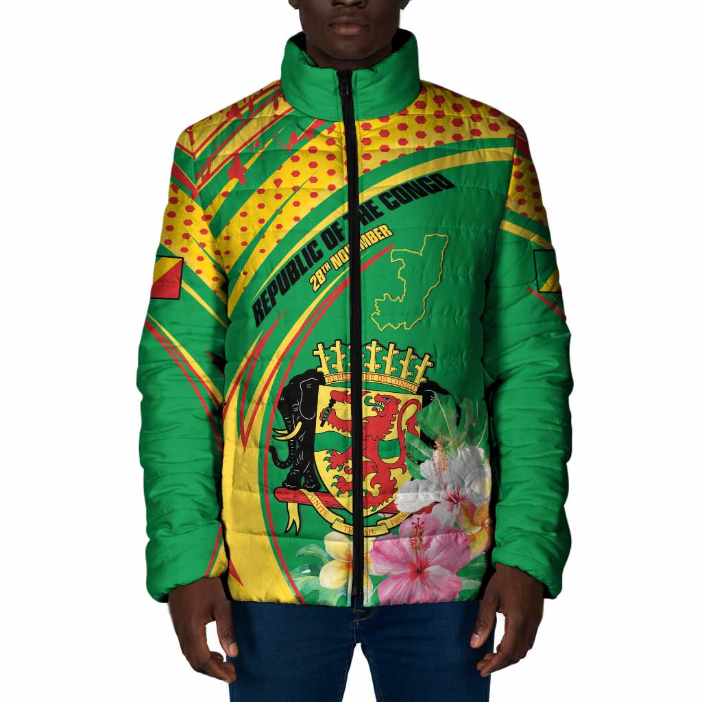Personalized Congo Republic Day Padded Jacket Coat Of Arms With Tropical Flower