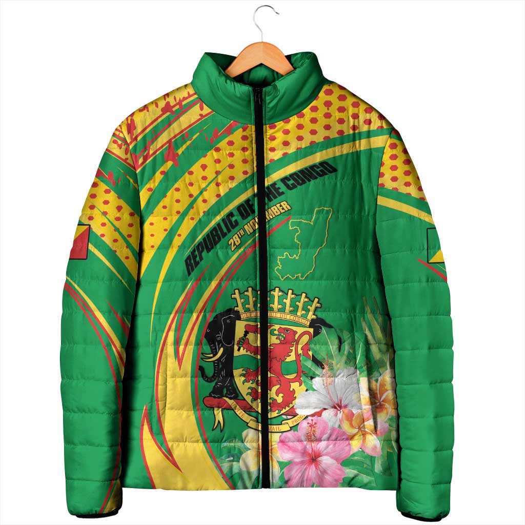Personalized Congo Republic Day Padded Jacket Coat Of Arms With Tropical Flower