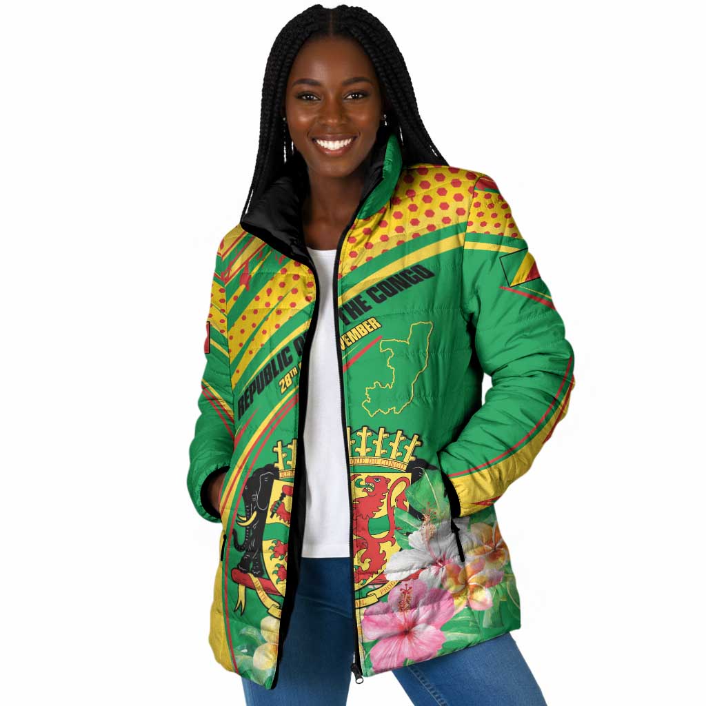 Personalized Congo Republic Day Padded Jacket Coat Of Arms With Tropical Flower