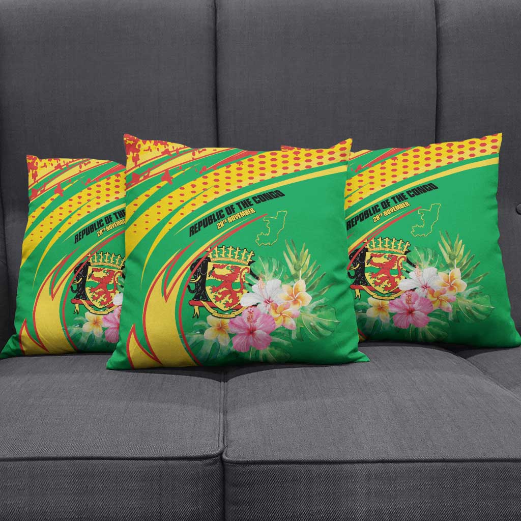 Congo Republic Day Pillow Cover Coat Of Arms With Tropical Flower