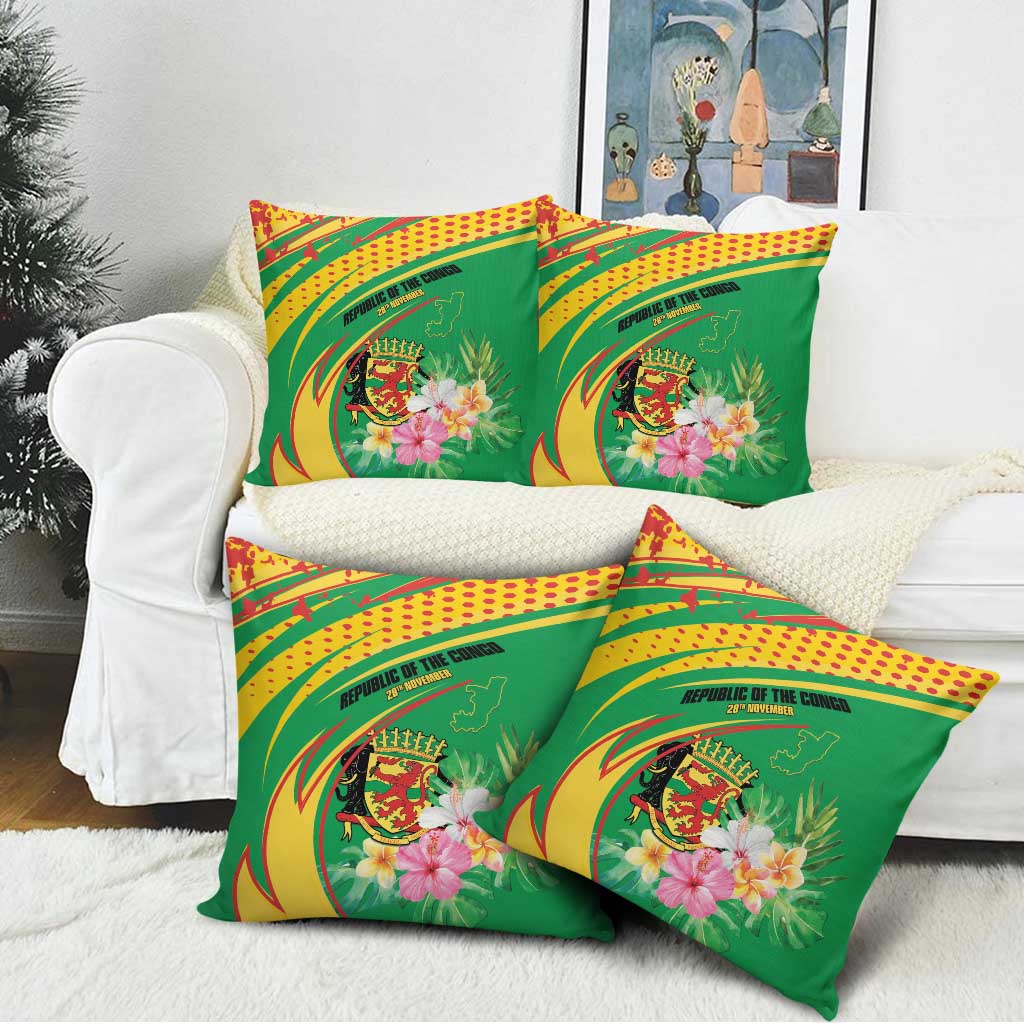 Congo Republic Day Pillow Cover Coat Of Arms With Tropical Flower