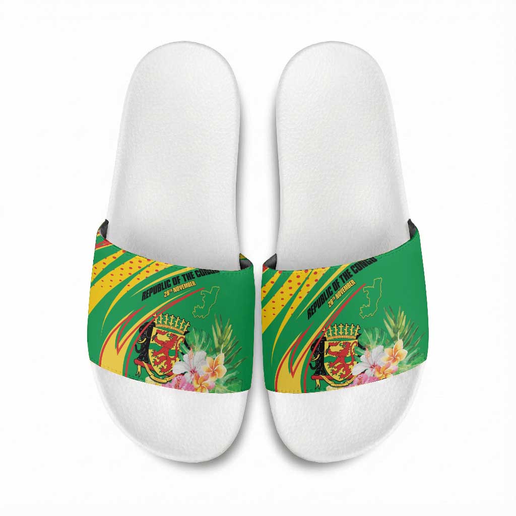 Congo Republic Day Slide Sandals Coat Of Arms With Tropical Flower
