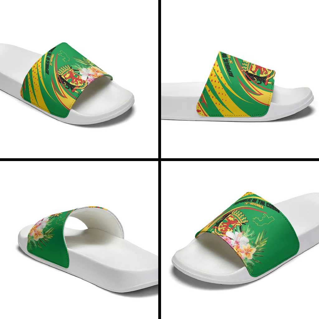 Congo Republic Day Slide Sandals Coat Of Arms With Tropical Flower