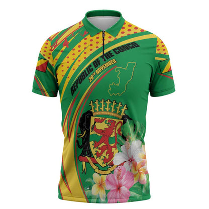 Personalized Congo Republic Day Zipper Polo Shirt Coat Of Arms With Tropical Flower