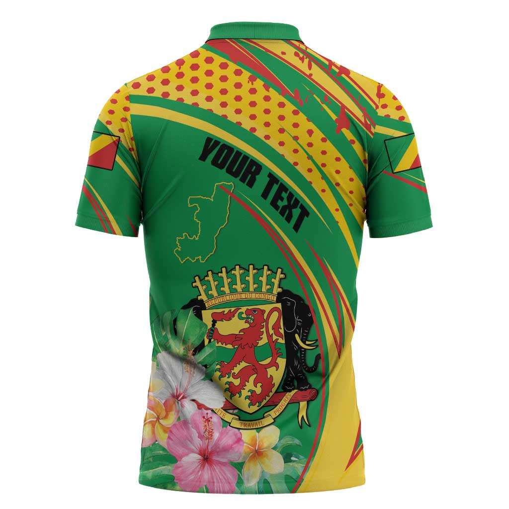 Personalized Congo Republic Day Zipper Polo Shirt Coat Of Arms With Tropical Flower