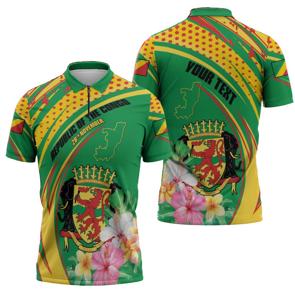 Personalized Congo Republic Day Zipper Polo Shirt Coat Of Arms With Tropical Flower