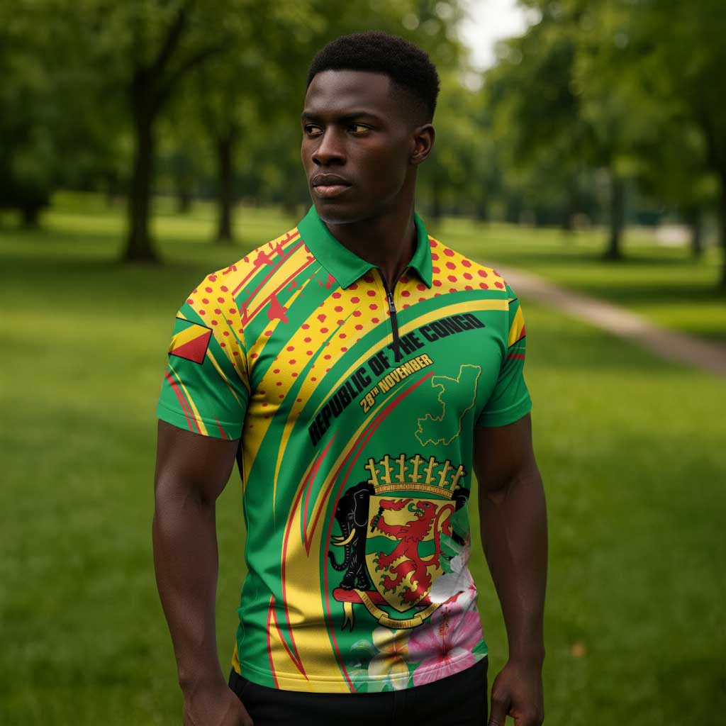 Personalized Congo Republic Day Zipper Polo Shirt Coat Of Arms With Tropical Flower