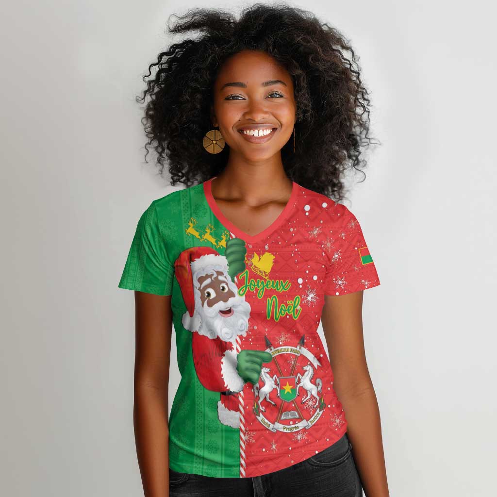 Afro Christmas in Burkina Faso Women V-Neck T-Shirt Black Santa Joyeux Noel - African Pride