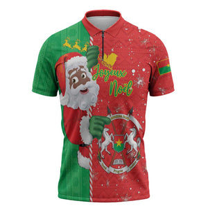 Burkina Faso Christmas Zipper Polo Shirt Black Santa Joyeux Noel