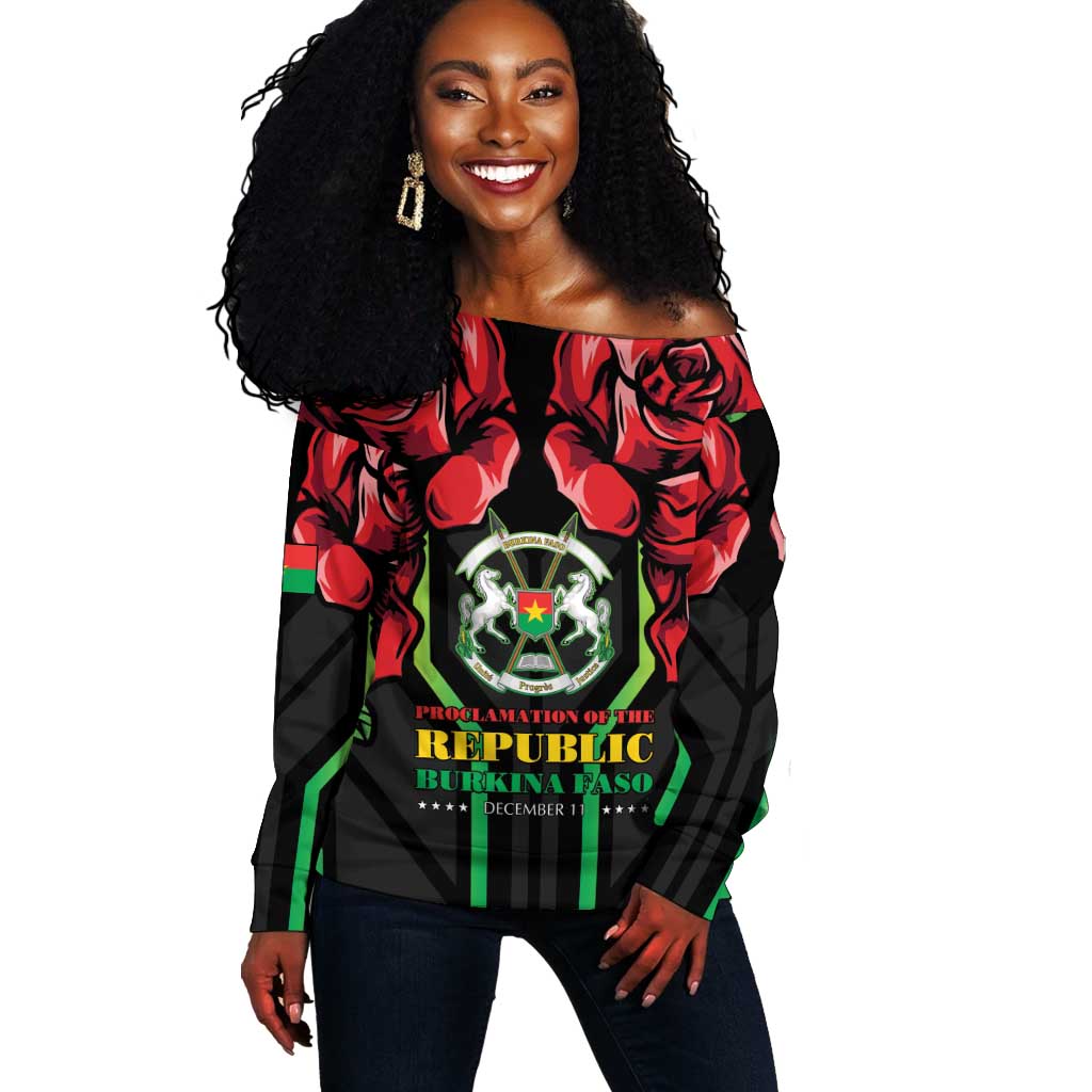 Afro Burkina Faso Republic Day Off Shoulder Sweater Coat Of Arms With Rose - Sporty Style - African Pride