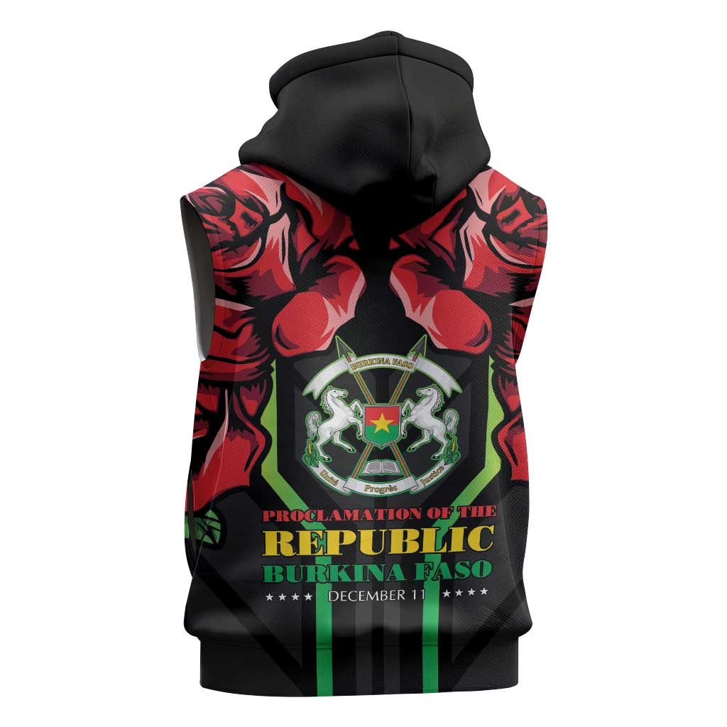 Afro Burkina Faso Republic Day Sleeveless Zip Hoodie Coat Of Arms With Rose - Sporty Style - African Pride