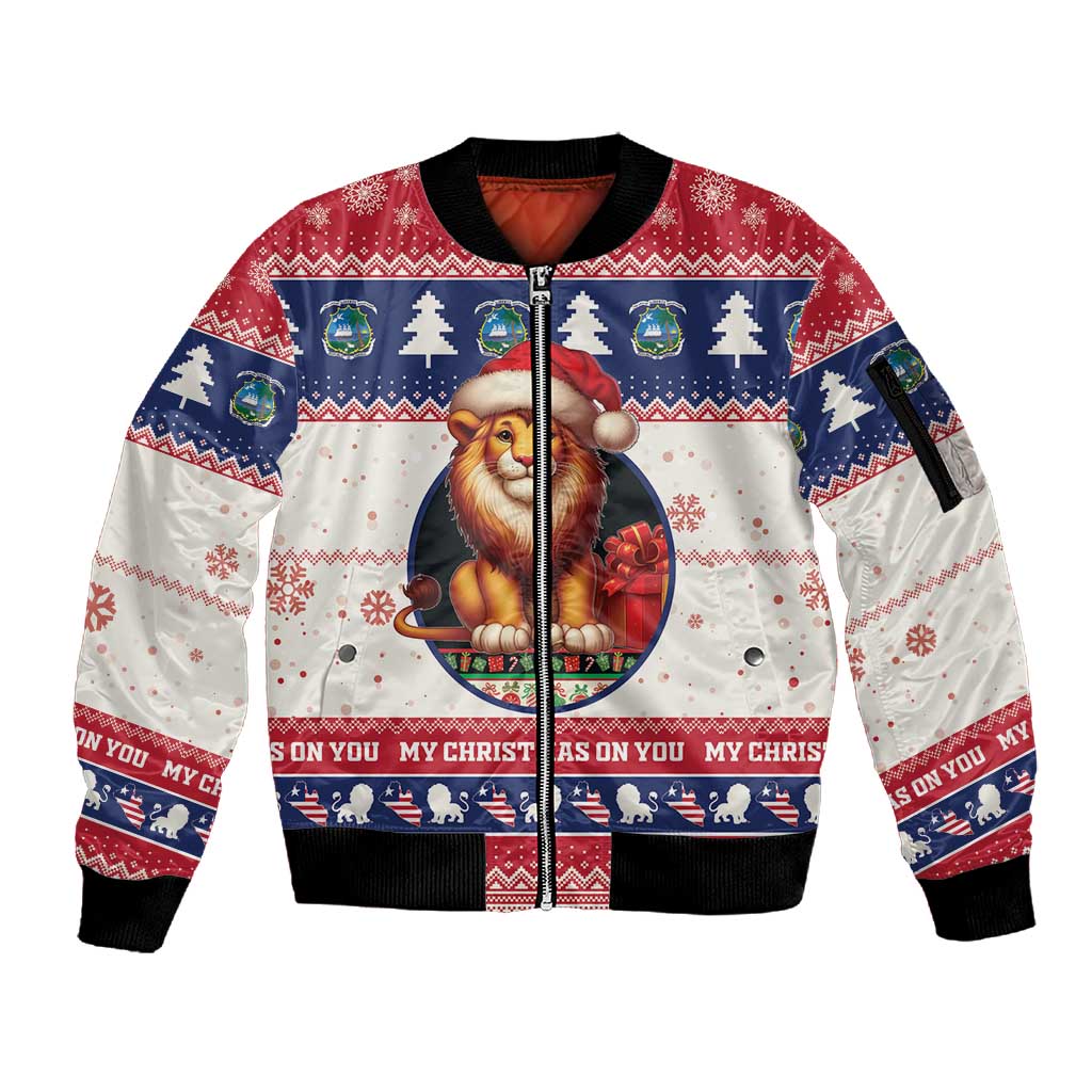 Liberia Christmas Sleeve Zip Bomber Jacket African Lion Santa