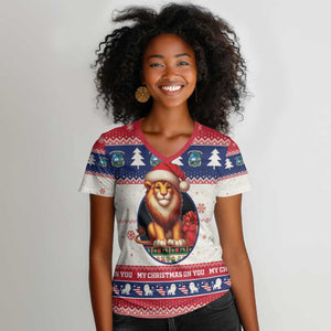 Liberia Christmas Women V-Neck T-Shirt African Lion Santa