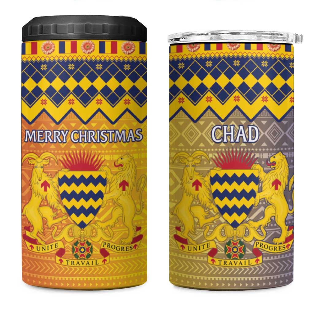 Afro Chad Christmas 4 in 1 Can Cooler Tumbler Coat Of Arms With African Pattern