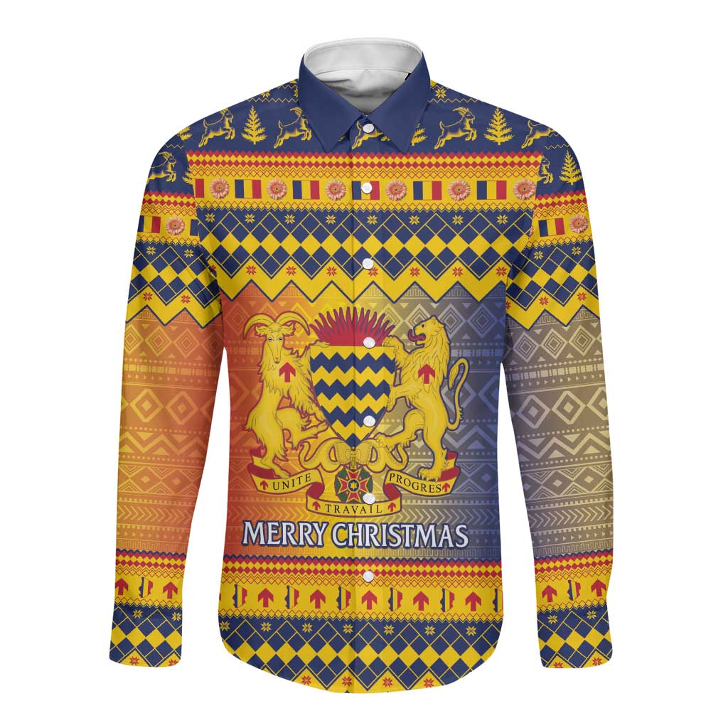 Afro Chad Christmas Long Sleeve Button Shirt Coat Of Arms With African Pattern