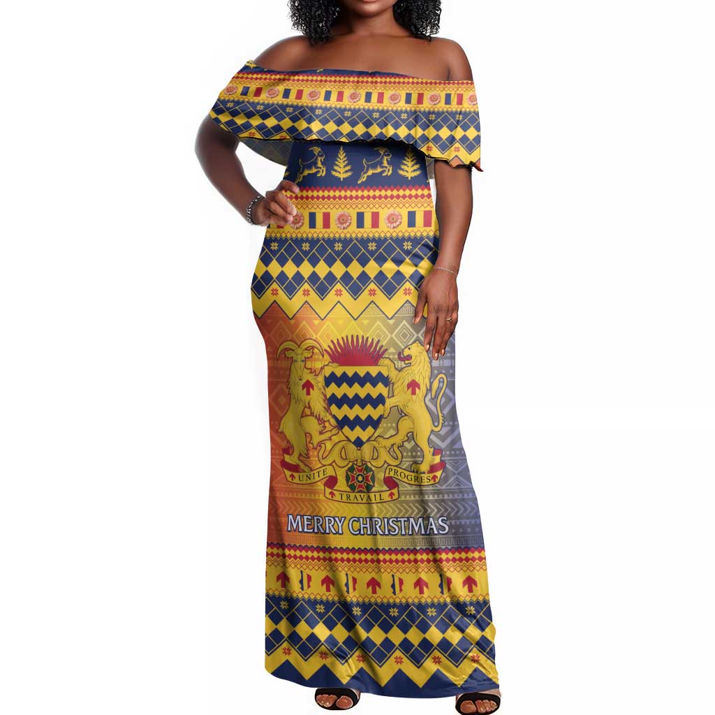 Afro Chad Christmas Off Shoulder Maxi Dress Coat Of Arms With African Pattern