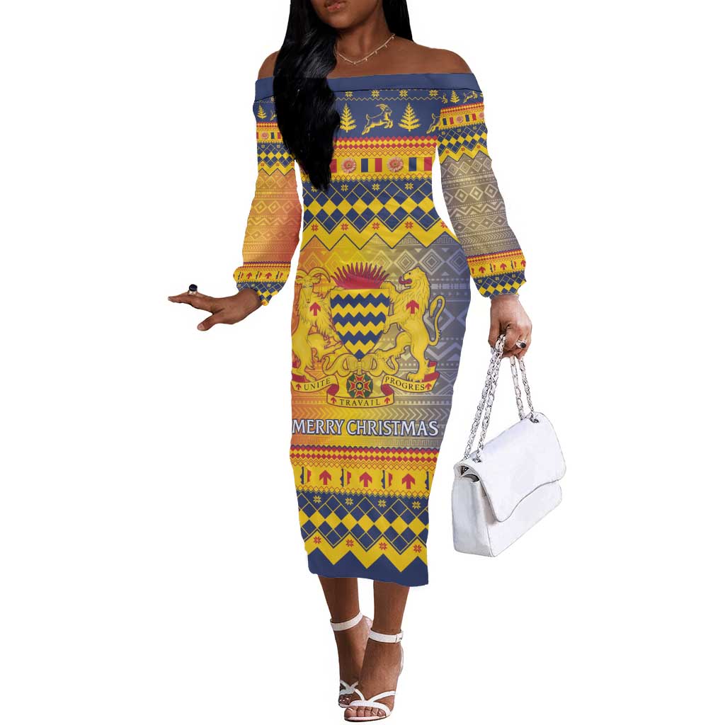 Afro Chad Christmas Off The Shoulder Long Sleeve Dress Coat Of Arms With African Pattern