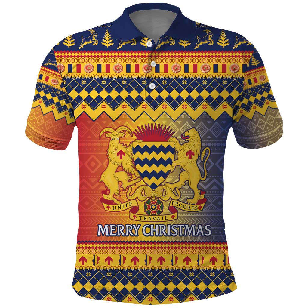 Afro Chad Christmas Polo Shirt Coat Of Arms With African Pattern