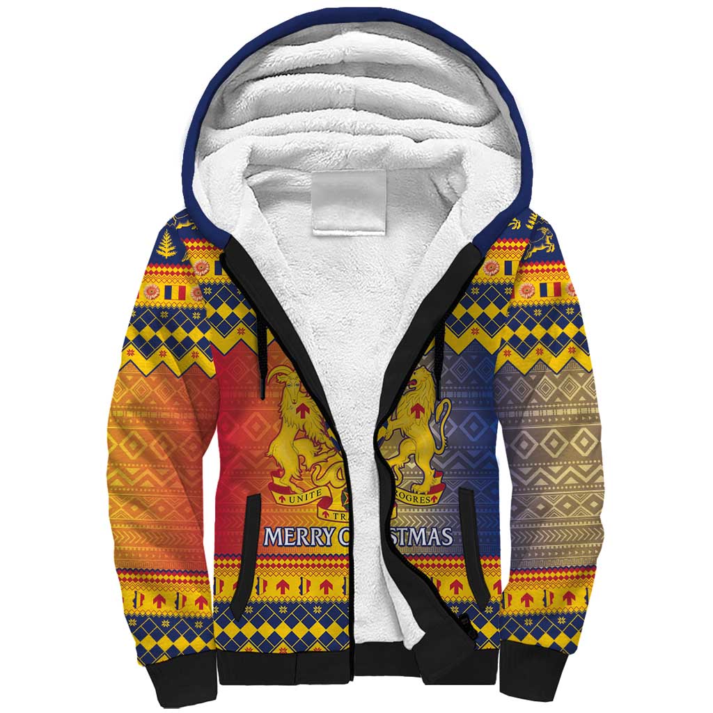 Afro Chad Christmas Sherpa Hoodie Coat Of Arms With African Pattern